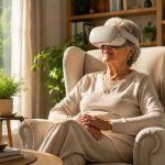 Mujer mayor sentada en un salón luminoso utilizando gafas de realidad virtual de diseño ergonómico con una sonrisa tranquila.