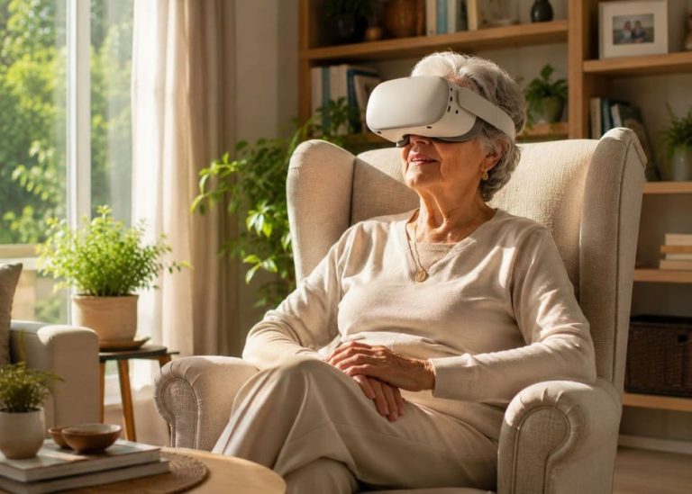 Mujer mayor sentada en un salón luminoso utilizando gafas de realidad virtual de diseño ergonómico con una sonrisa tranquila.