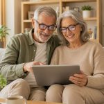 Hombre y mujer mayores interactuando con entusiasmo mediante una tableta digital en una sala moderna y luminosa.