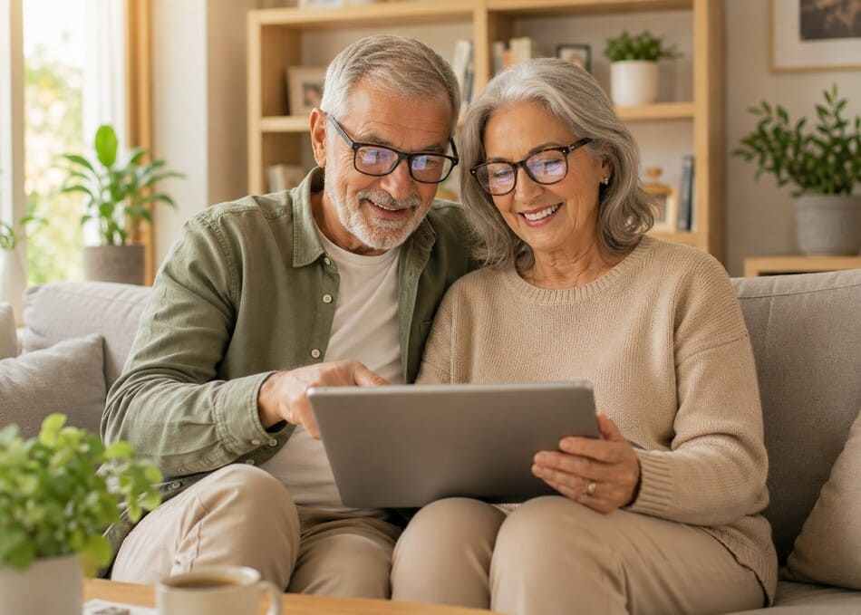 Hombre y mujer mayores interactuando con entusiasmo mediante una tableta digital en una sala moderna y luminosa.