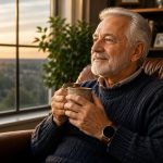 Hombre de 74 años sentado en un sillón junto a una ventana con luz natural, sosteniendo una taza mientras lleva un reloj inteligente para monitoreo de salud en un ambiente hogareño cálido.