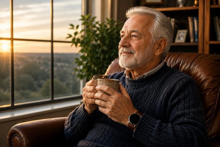 Hombre de 74 años sentado en un sillón junto a una ventana con luz natural, sosteniendo una taza mientras lleva un reloj inteligente para monitoreo de salud en un ambiente hogareño cálido.