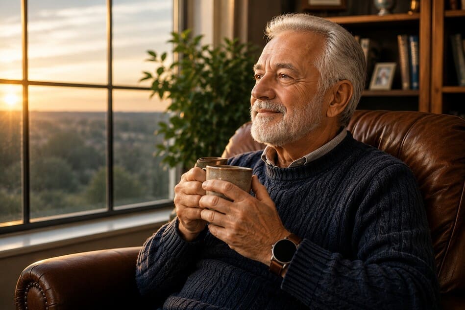Hombre de 74 años sentado en un sillón junto a una ventana con luz natural, sosteniendo una taza mientras lleva un reloj inteligente para monitoreo de salud en un ambiente hogareño cálido.