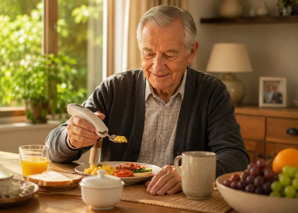 Hombre mayor desayunando de forma autónoma con un cubierto estabilizador en un comedor luminoso, representando la robótica asistencial para adultos mayores.
