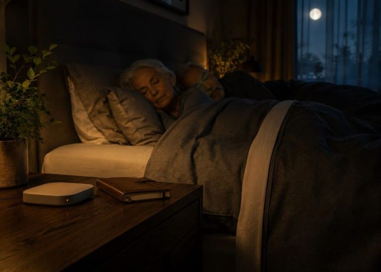 Sensor inteligente de monitoreo nocturno en habitación cálida de adultos mayores con ambiente seguro y tranquilo.