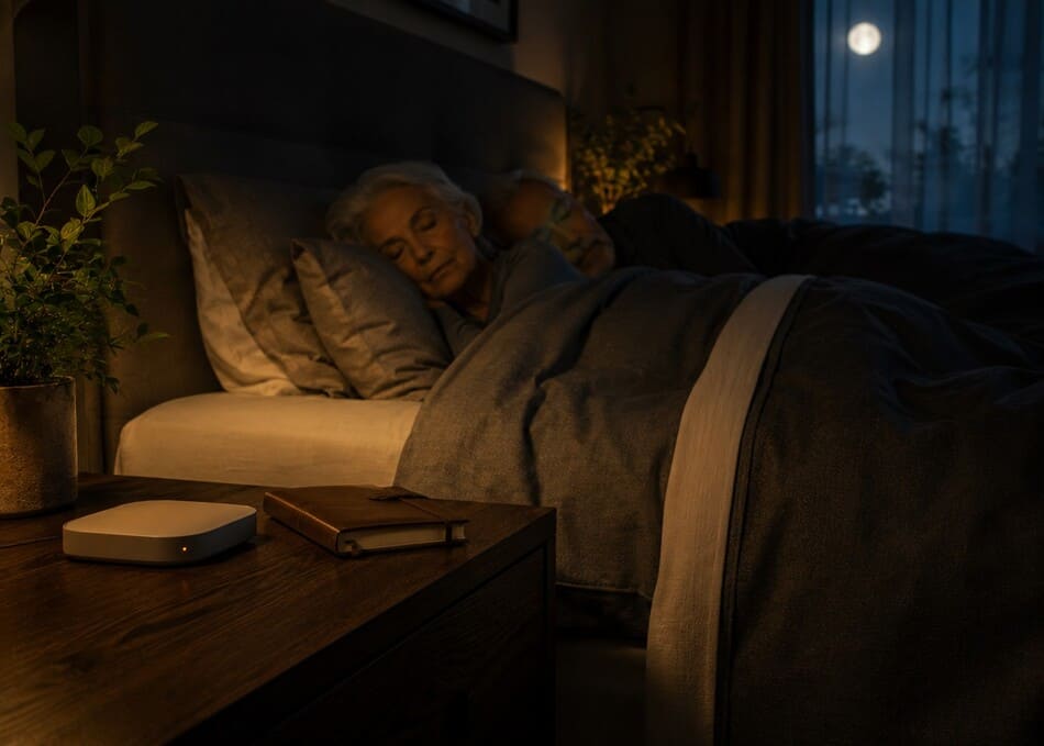Sensor inteligente de monitoreo nocturno en habitación cálida de adultos mayores con ambiente seguro y tranquilo.