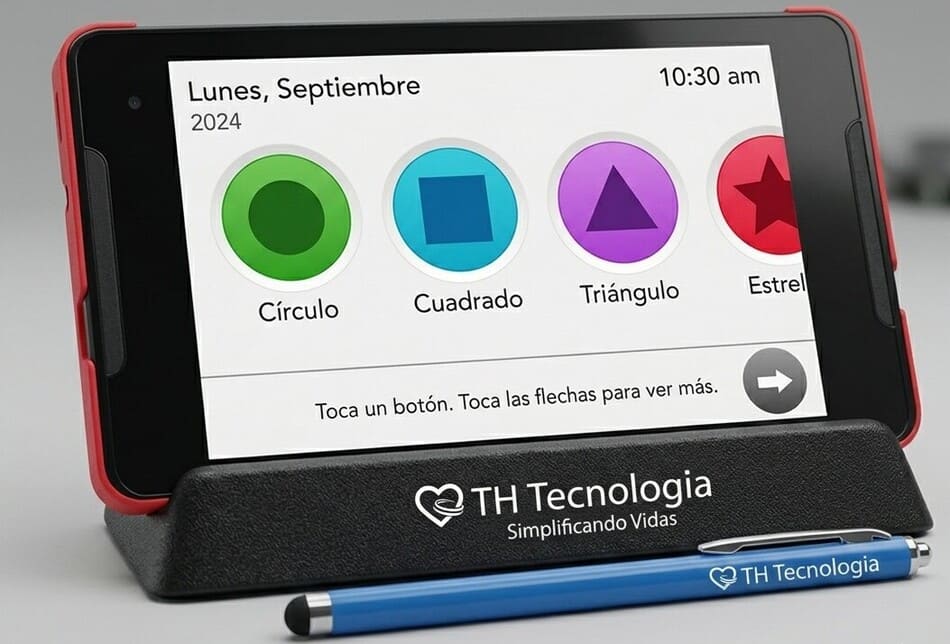 Dispositivo tipo tablet de TH Tecnología con base y lápiz óptico azul, mostrando en pantalla una interfaz de estimulación cognitiva en español con figuras geométricas de colores como círculo, cuadrado y triángulo.