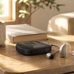 Dispositivo acústico premium de venta libre junto a un audífono médico sobre una mesa de roble claro iluminada por luz natural.