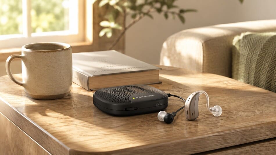 Dispositivo acústico premium de venta libre junto a un audífono médico sobre una mesa de roble claro iluminada por luz natural.