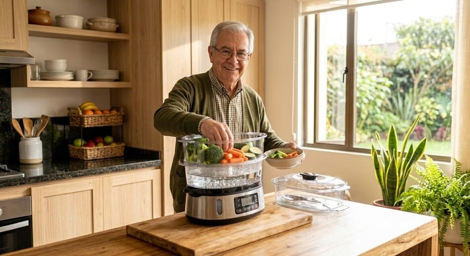 Un hombre mayor sonriente organizando vegetales frescos junto a una vaporera eléctrica en su cocina.