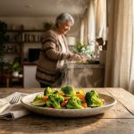 Un plato de cerámica rústica con verduras al vapor humeantes sobre una mesa de madera iluminada por el sol.