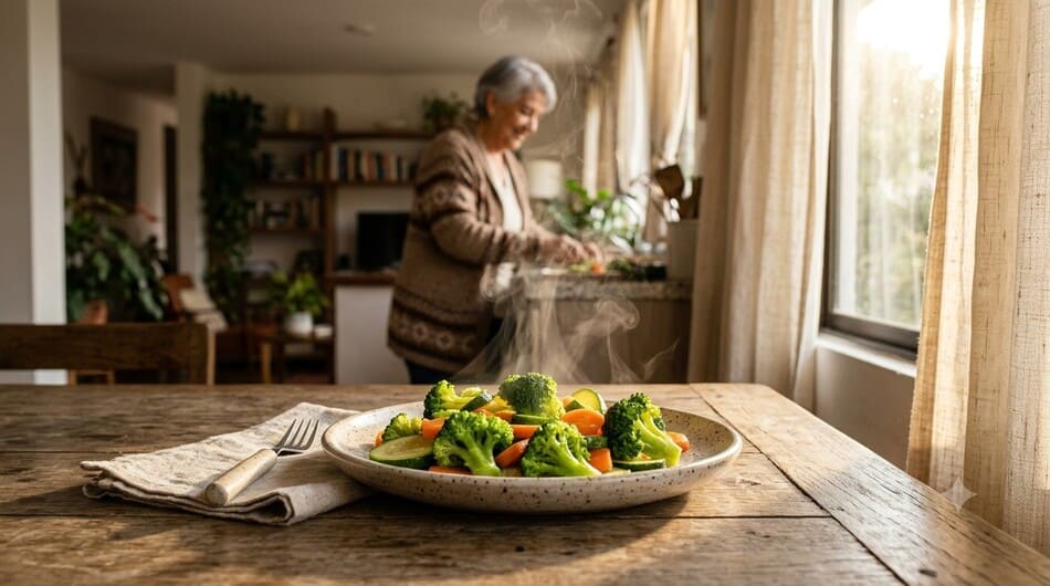 Un plato de cerámica rústica con verduras al vapor humeantes sobre una mesa de madera iluminada por el sol.