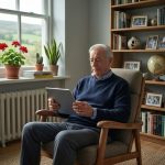 Hombre mayor usando una tablet de forma activa en un salón cálido con luz natural y plantas.