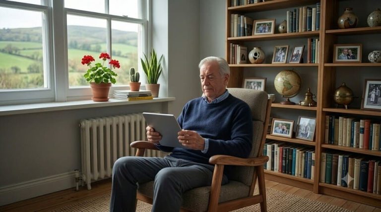 Hombre mayor usando una tablet de forma activa en un salón cálido con luz natural y plantas.