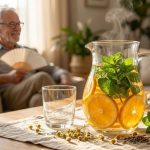 Una elegante jarra de vidrio con agua infundida con rodajas de naranja y menta junto a un vaso en una mesa soleada.