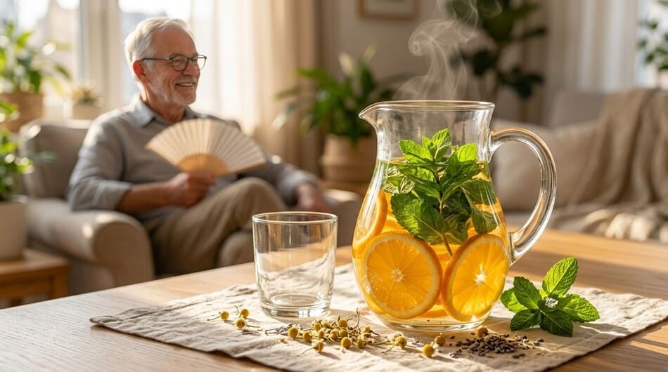 Una elegante jarra de vidrio con agua infundida con rodajas de naranja y menta junto a un vaso en una mesa soleada.