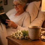 Una taza de cerámica humeante con flores de manzanilla al lado sobre una mesita de noche de madera en un dormitorio cálido.