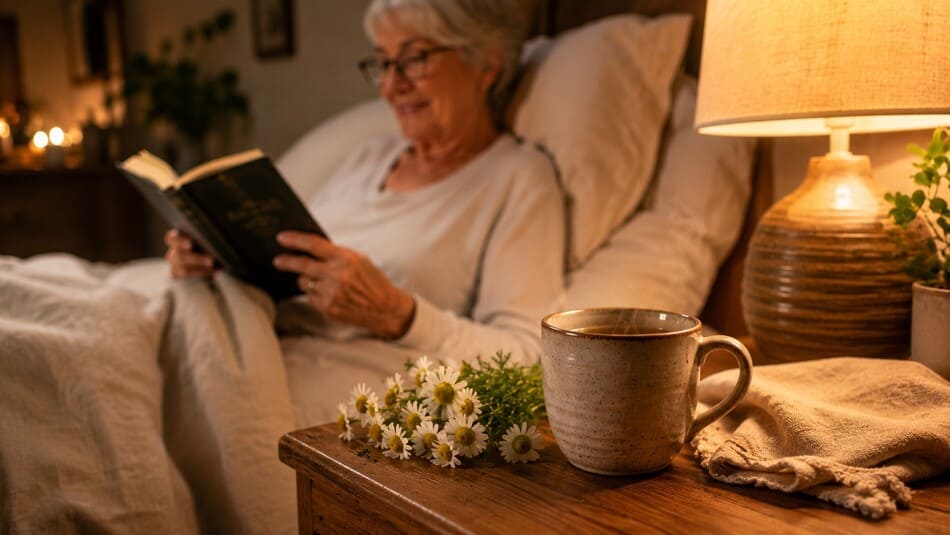 Una taza de cerámica humeante con flores de manzanilla al lado sobre una mesita de noche de madera en un dormitorio cálido.