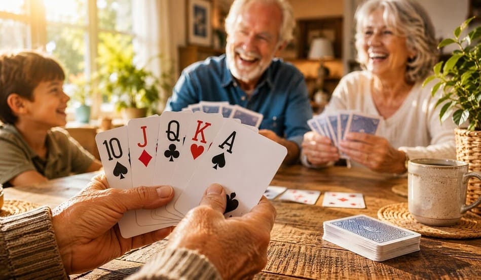 Adultos mayores jugando naipes adaptados sobre una mesa de madera iluminada por luz natural de la tarde.