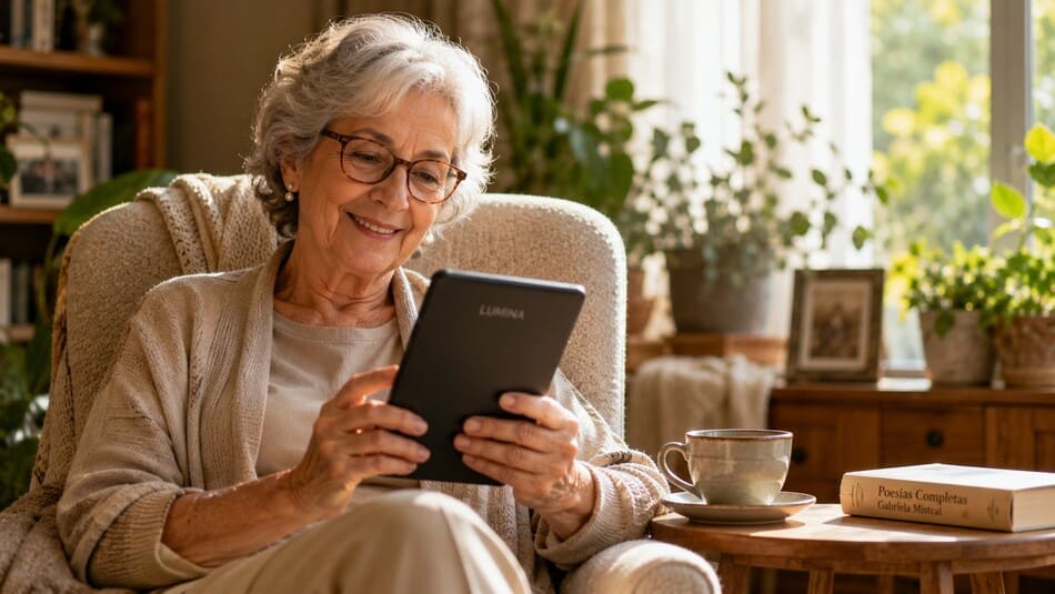 Una mujer mayor sentada junto a una ventana brillante, leyendo cómodamente un libro digital con letras grandes.