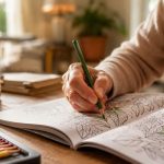 Un cuaderno de colorear abierto con patrones botánicos y lápices de madera