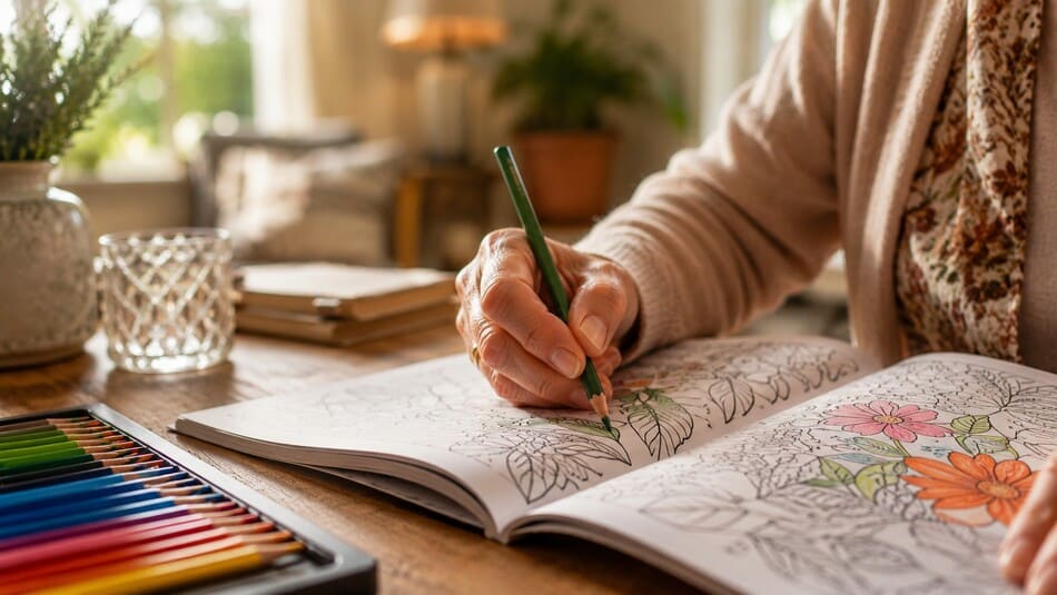 Un cuaderno de colorear abierto con patrones botánicos y lápices de madera