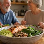Un tazón de cerámica con quinoa, aguacate, salmón y espinacas frescas sobre una mesa de madera rústica iluminada por luz natural.