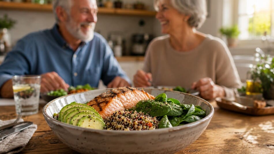 Un tazón de cerámica con quinoa, aguacate, salmón y espinacas frescas sobre una mesa de madera rústica iluminada por luz natural.