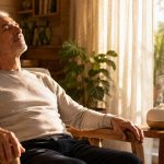 Un hombre mayor relajado sentado en su sala iluminada, respirando con tranquilidad cerca de plantas de interior y un difusor sutil.