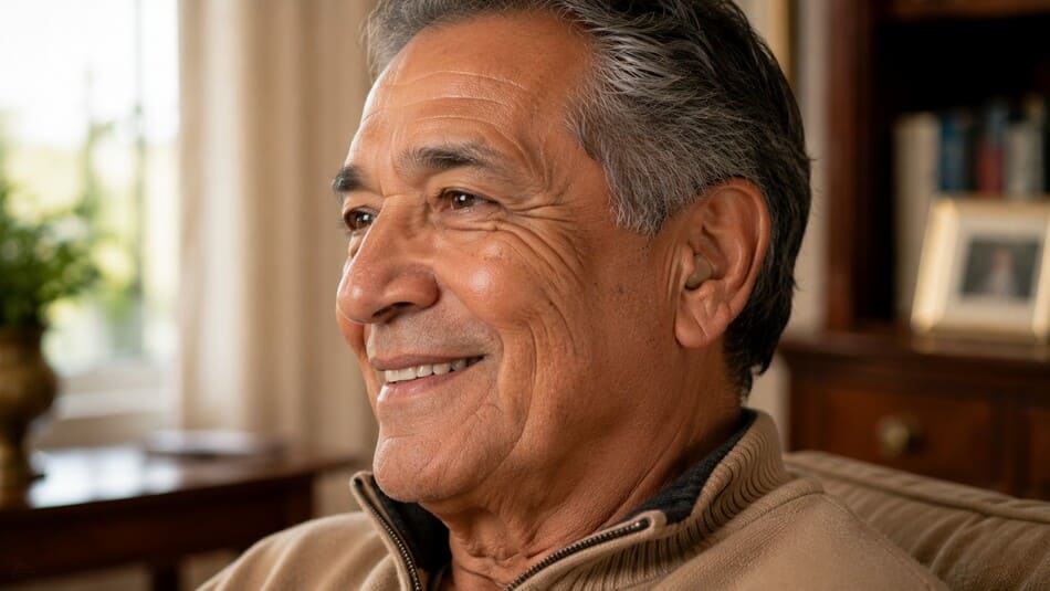 Adulto mayor sonriendo con confianza mientras conversa en su sala de estar luminosa, mostrando un audífono discreto casi imperceptible.