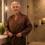Un hombre mayor de pie en un baño moderno y luminoso, vistiendo ropa de descanso elegante, reflejando autonomía y confort.