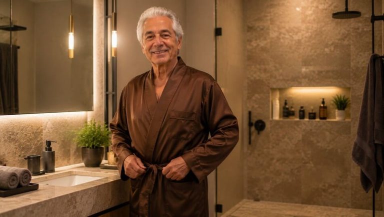 Un hombre mayor de pie en un baño moderno y luminoso, vistiendo ropa de descanso elegante, reflejando autonomía y confort.