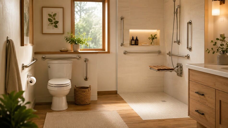 Cuarto de baño moderno y cálido adaptado para personas mayores, con acabados en madera natural y elementos de apoyo seguros.