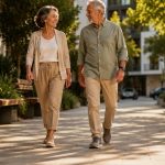 Pareja de adultos mayores caminando sonrientes por un parque urbano vistiendo calzado contemporáneo y elegante.