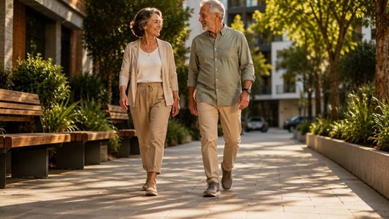 Pareja de adultos mayores caminando sonrientes por un parque urbano vistiendo calzado contemporáneo y elegante.