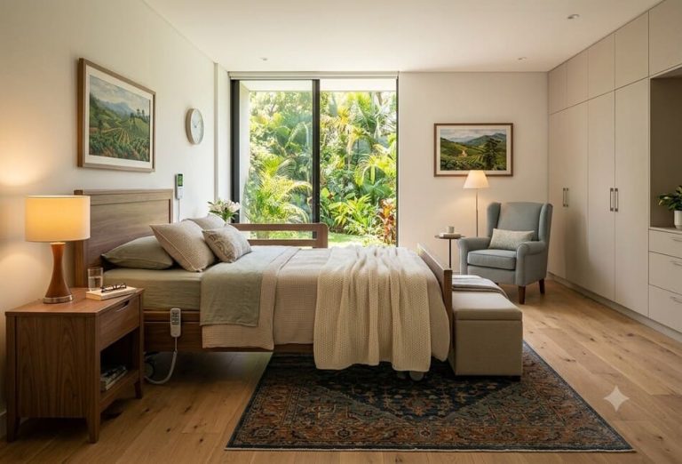 Dormitorio acogedor con cama adaptada, iluminación cálida y entorno seguro para el descanso del adulto mayor.