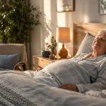 Persona mayor descansando tranquilamente en un dormitorio cálido con tecnología de monitoreo discreta.