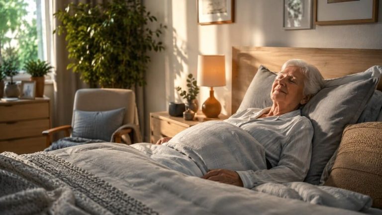 Persona mayor descansando tranquilamente en un dormitorio cálido con tecnología de monitoreo discreta.
