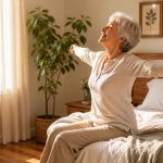 Una mujer mayor sonriente y descansada sentada en el borde de una cama impecable y luminosa, estirándose con vitalidad.
