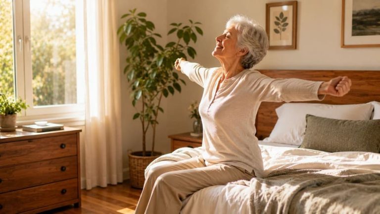 Una mujer mayor sonriente y descansada sentada en el borde de una cama impecable y luminosa, estirándose con vitalidad.