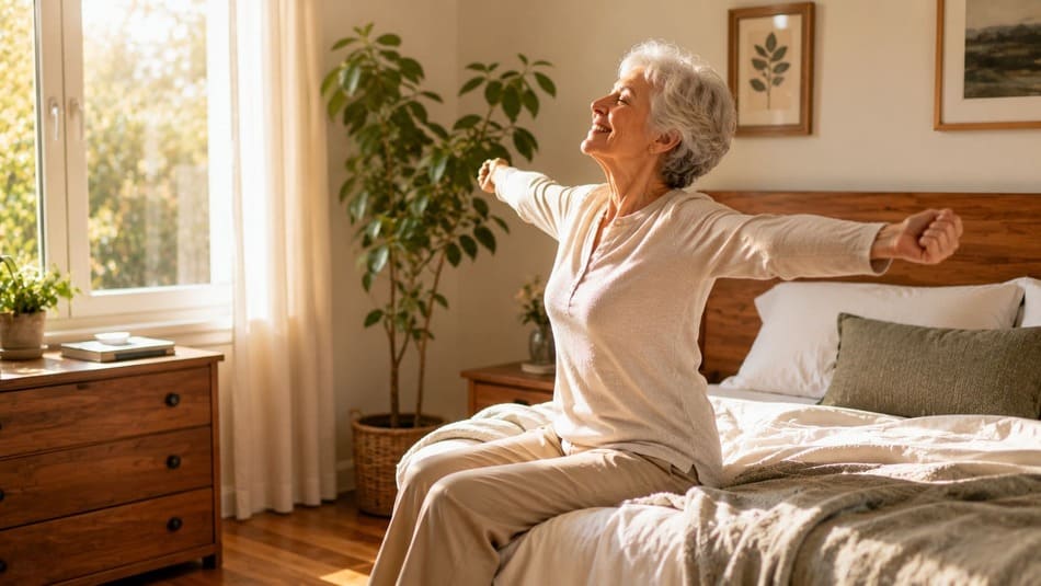 Una mujer mayor sonriente y descansada sentada en el borde de una cama impecable y luminosa, estirándose con vitalidad.