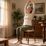 Una mujer mayor sonriente sentada en una silla de madera cerca de una ventana soleada, estirando los brazos hacia arriba con postura erguida.