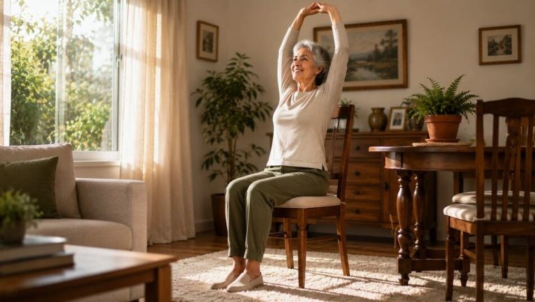 Una mujer mayor sonriente sentada en una silla de madera cerca de una ventana soleada, estirando los brazos hacia arriba con postura erguida.