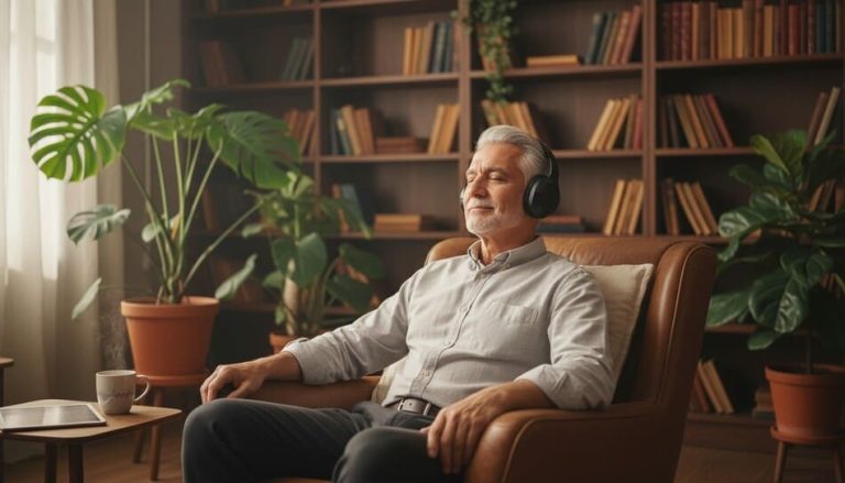 Un hombre mayor con auriculares inalámbricos sonríe feliz mientras descansa en un sillón de cuero junto a una ventana soleada.