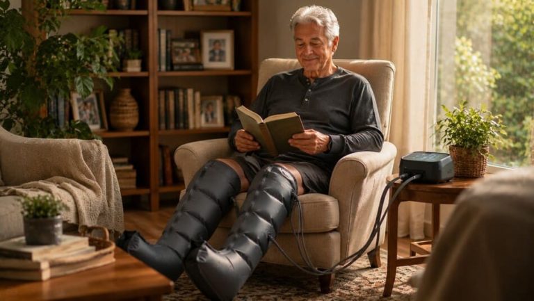 Hombre mayor sonriente descansando en un sillón orejero de tela, usando botas de presoterapia domésticas en una sala iluminada.