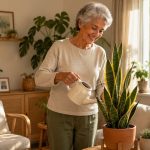 Una mujer mayor sonriente regando una planta verde en su sala iluminada por luz natural, mostrando autonomía y paz.