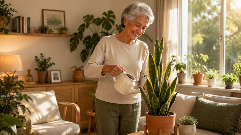 Una mujer mayor sonriente regando una planta verde en su sala iluminada por luz natural, mostrando autonomía y paz.