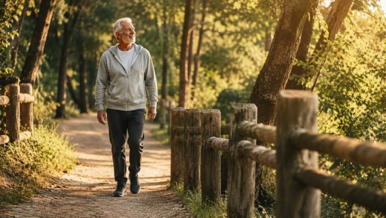 Persona mayor caminando con comodidad y estabilidad por un sendero natural arbolado, disfrutando de un día soleado