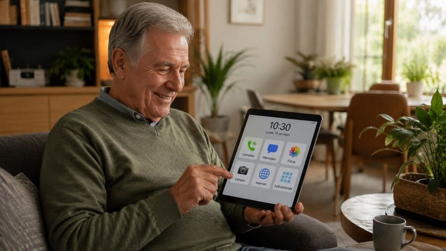 Persona mayor sonriente utilizando una tablet moderna con interfaz adaptada en un salón acogedor y luminoso.