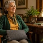 Una mujer mayor sentada junto a un escritorio de madera oscura, sonriendo aliviada mientras usa una envoltura térmica en sus manos